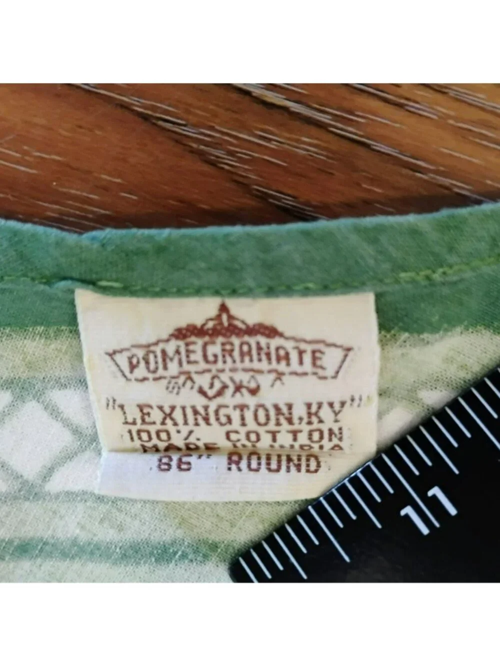 Vintage Pomegranate Inc 86” Round Tablecloth, Artichokes, Green Block Print
